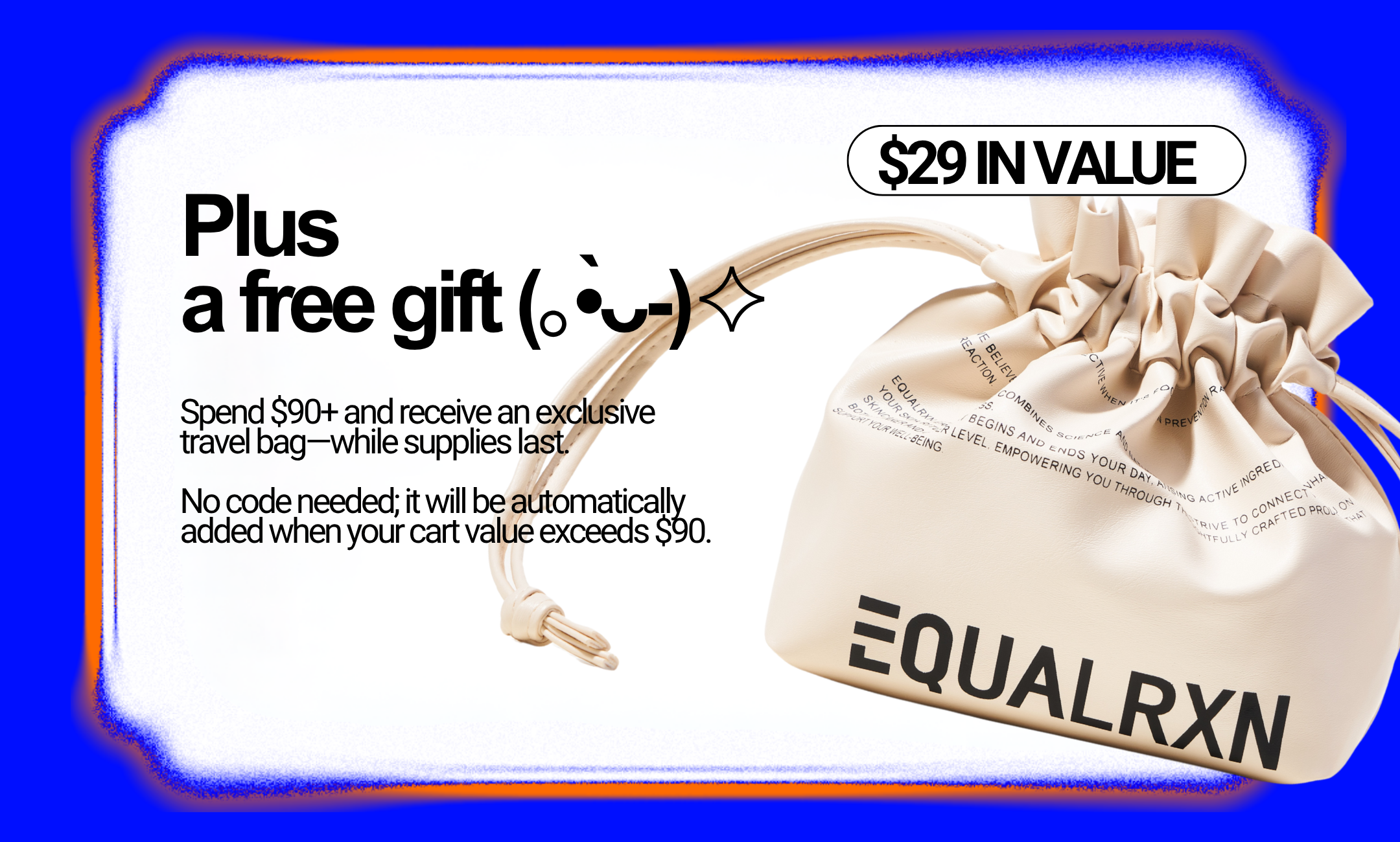 Exclusive offer banner for a free travel bag with purchases over $90, while supplies last, shown with elegant cosmetic pouch imagery