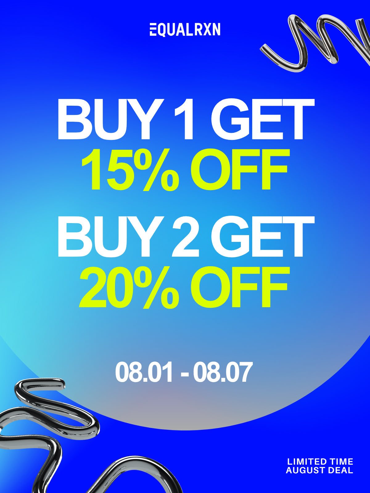 Promotional poster with discount offer on a blue background, featuring the brand 'EQUALRXN'.