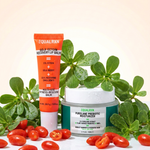 Equal Rx skincare products with green leaves and goji on a light background