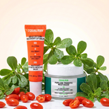 Equal Rx skincare products with green leaves and goji on a light background