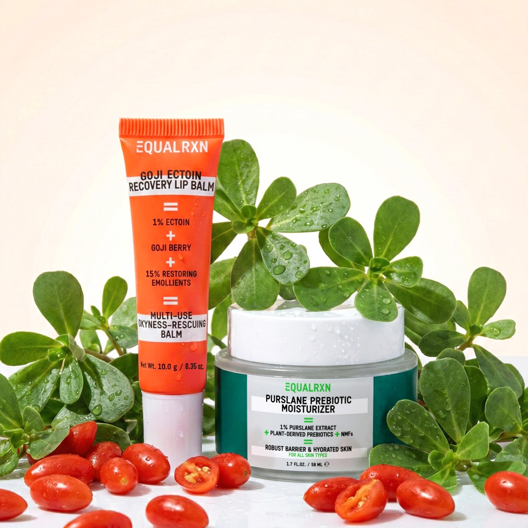 Equal Rx skincare products with green leaves and goji on a light background
