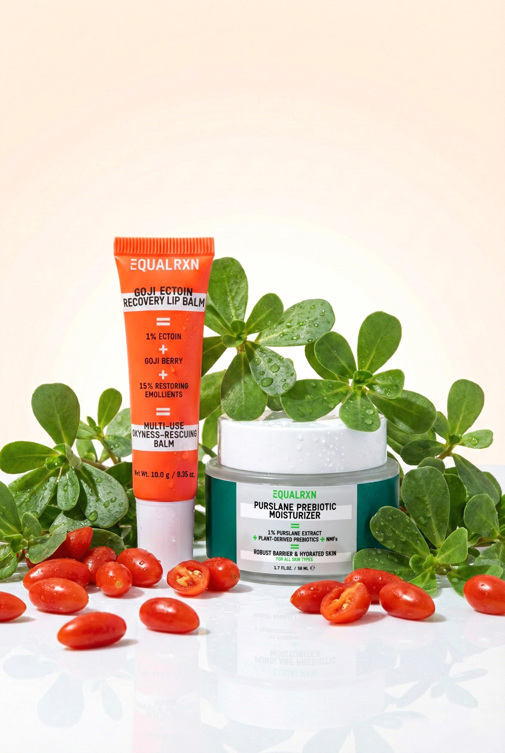 Equal Rx skincare products with green leaves and goji on a light background