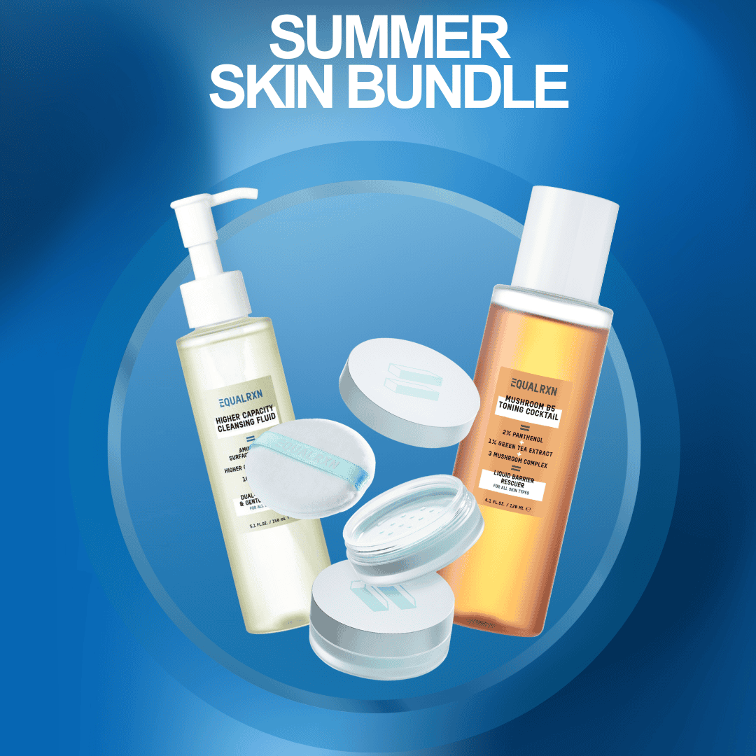 Cosmetic products with 'Equal RXN' branding on a blue background, labeled 'Summer Skin Bundle'.
