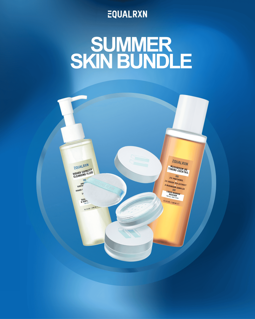 Cosmetic products with 'Equal RXN' branding on a blue background, labeled 'Summer Skin Bundle'.